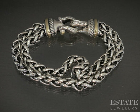 18k & Sterling David Yurman Diamond Wheat Chain Buckle Bracelet 50g 7.5"L p22794