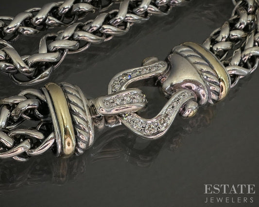 18k & Sterling David Yurman Diamond Wheat Chain Buckle Bracelet 50g 7.5"L p22794