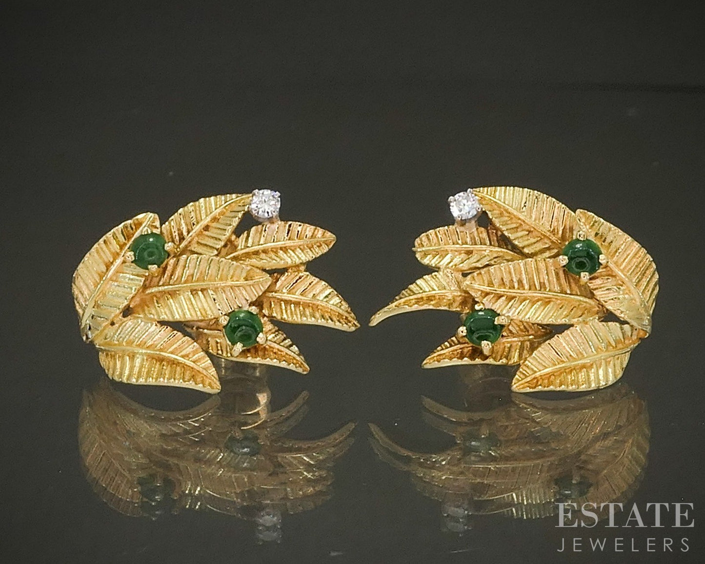 Vintage 18k Yellow Gold Natural Green Jade & Diamond Leaf Earrings 10.7g p23943