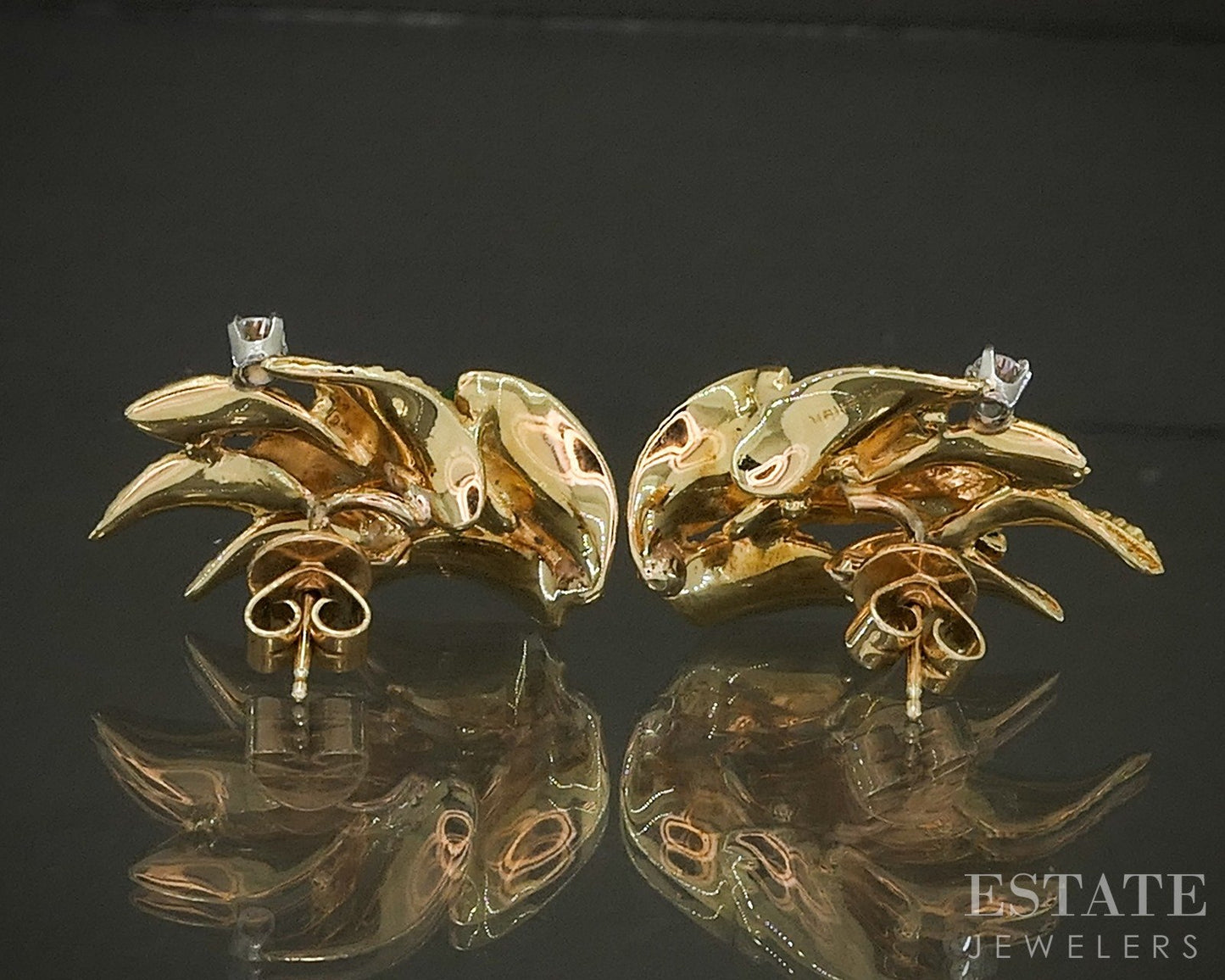 Vintage 18k Yellow Gold Natural Green Jade & Diamond Leaf Earrings 10.7g p23943