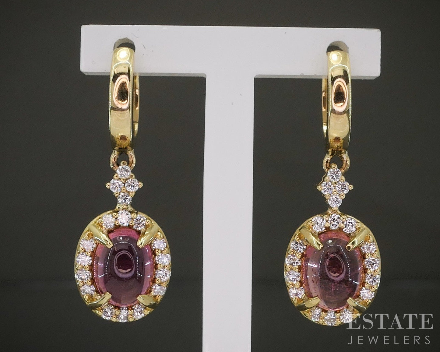 18k Yellow Gold Natural Pink Tourmaline & Diamond Dangle Earrings 5.9g p26136