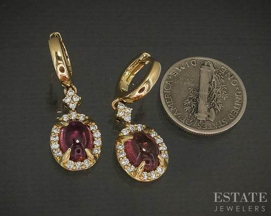 18k Yellow Gold Natural Pink Tourmaline & Diamond Dangle Earrings 5.9g p26136