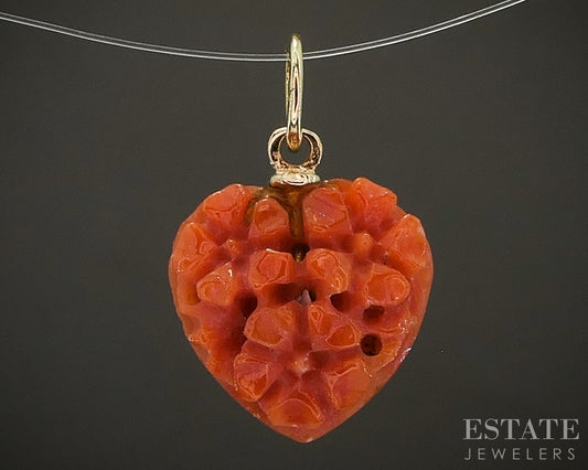 Vintage 14k Yellow Gold Carved Flower Natural Coral Heart Charm 1.1g p26342