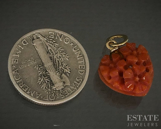 Vintage 14k Yellow Gold Carved Flower Natural Coral Heart Charm 1.1g p26342