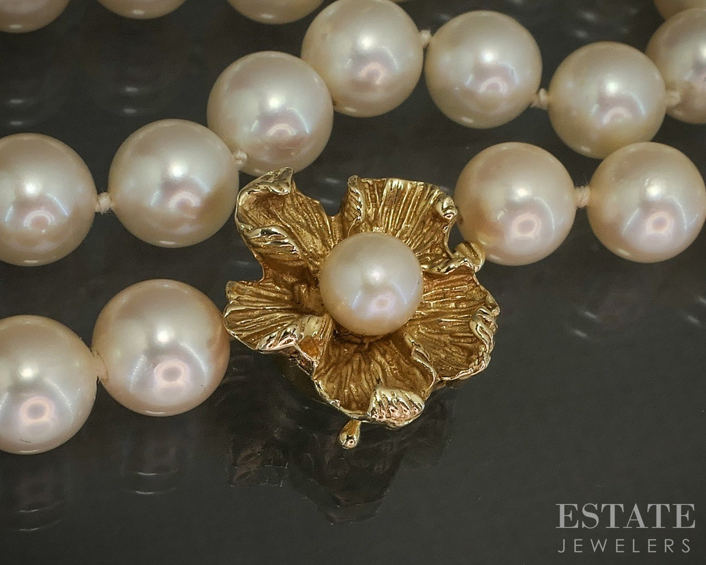 14k Yellow Gold 8.2mm Akoya Pearl Flower Clasp Ladies Necklace 16"L p26464