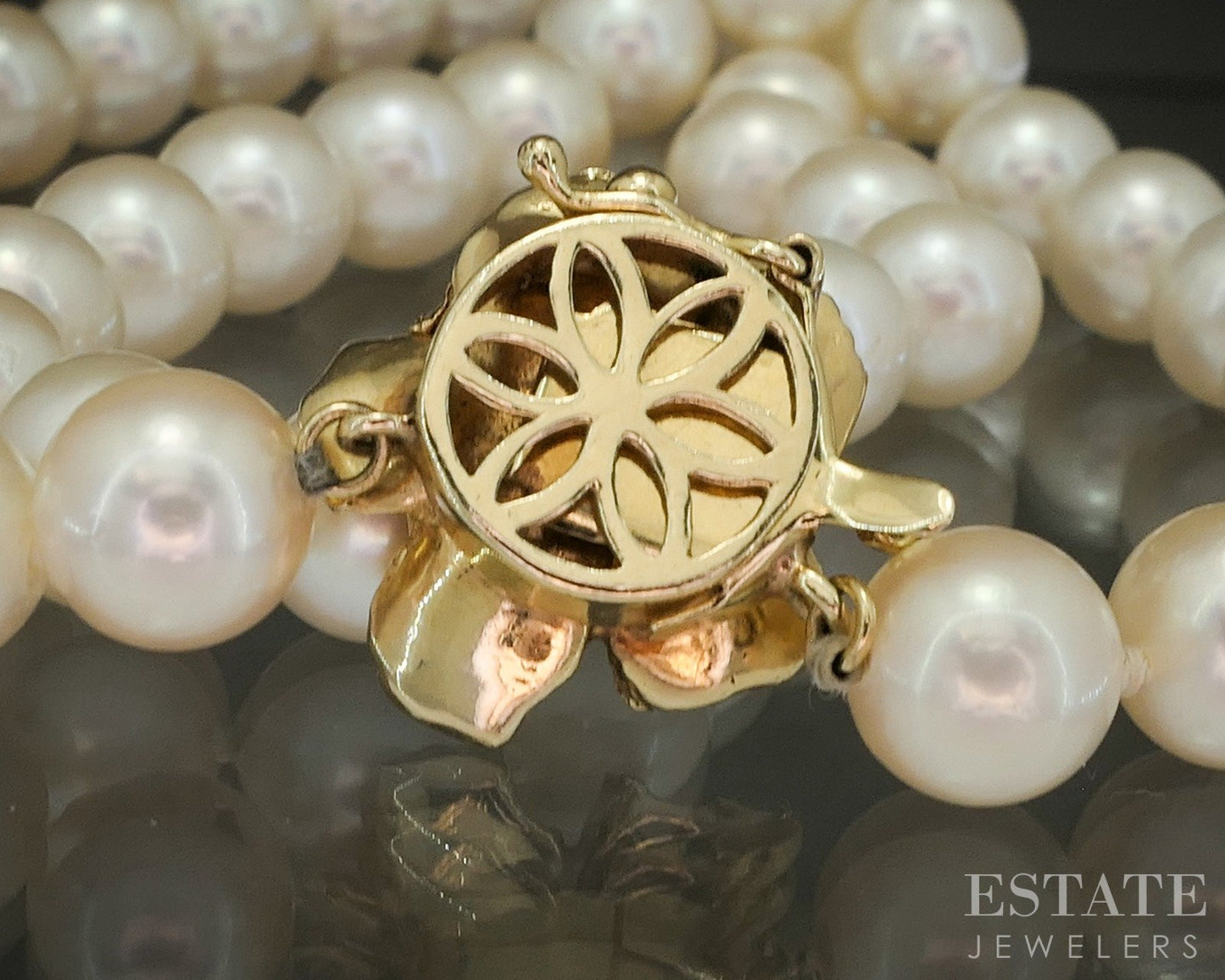 14k Yellow Gold 8.2mm Akoya Pearl Flower Clasp Ladies Necklace 16"L p26464
