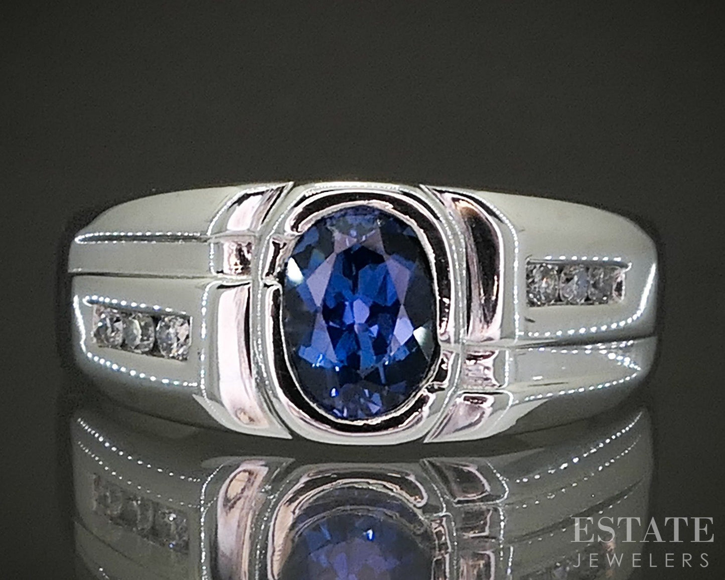 14k White Gold Oval Natural Blue Sapphire & Diamond Band Ring 7.2g p24902