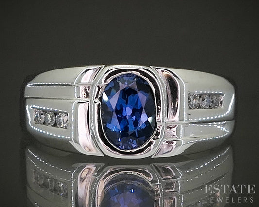 14k White Gold Oval Natural Blue Sapphire & Diamond Band Ring 7.2g p24902
