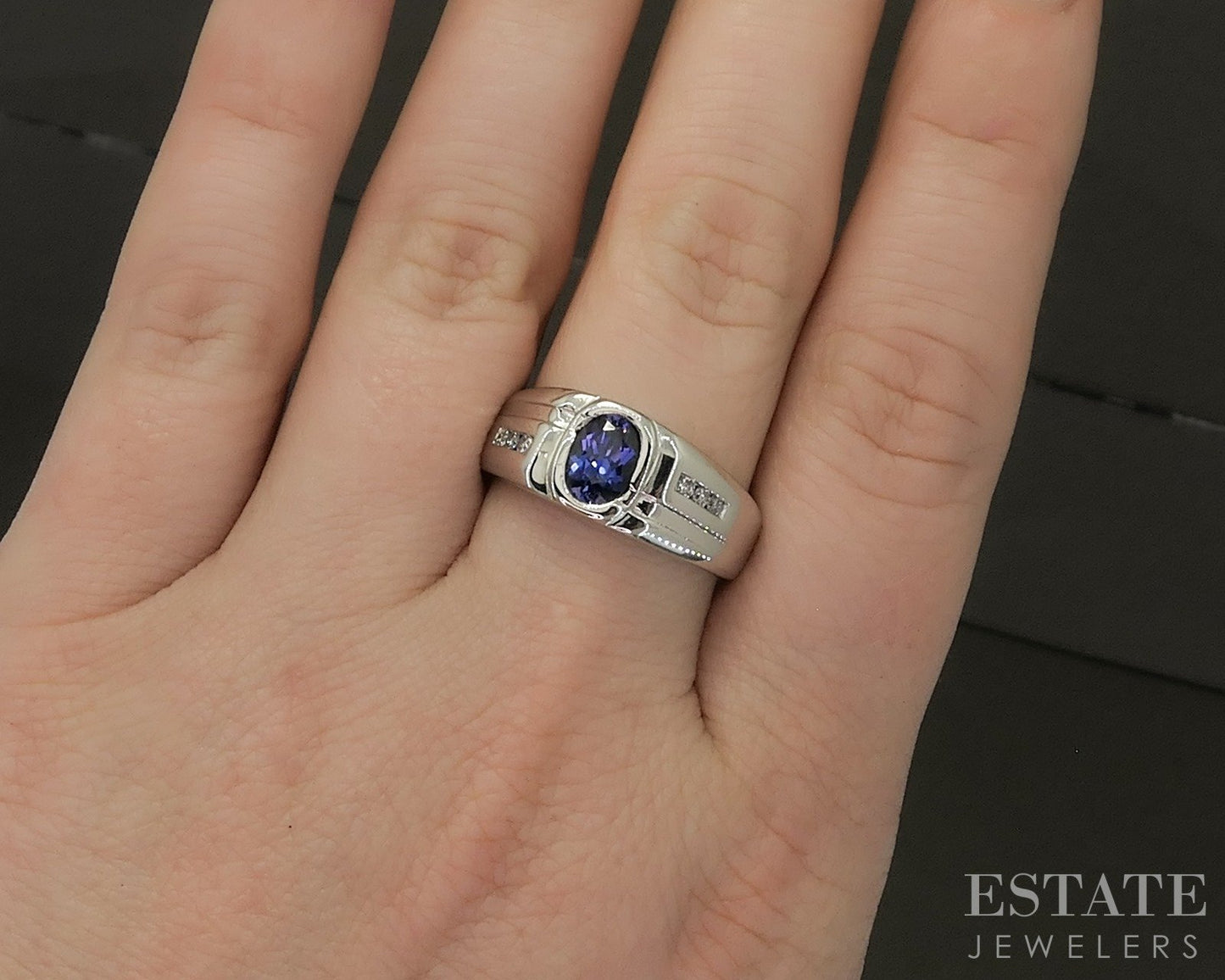 14k White Gold Oval Natural Blue Sapphire & Diamond Band Ring 7.2g p24902