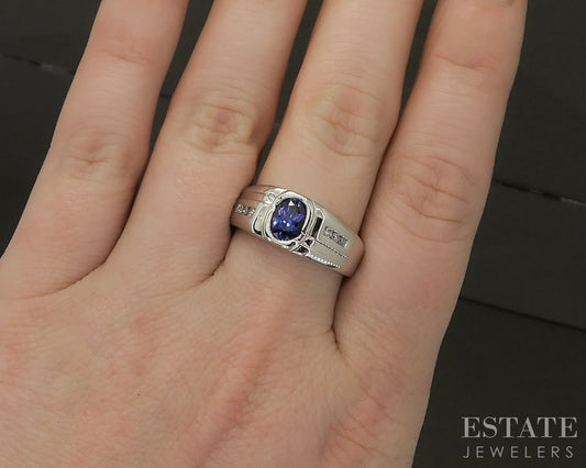 14k White Gold Oval Natural Blue Sapphire & Diamond Band Ring 7.2g p24902