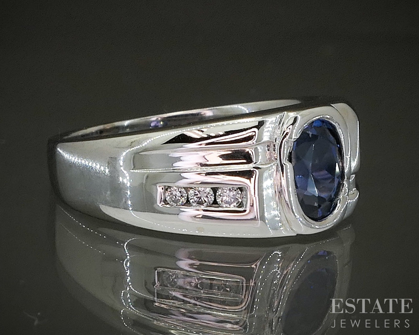 14k White Gold Oval Natural Blue Sapphire & Diamond Band Ring 7.2g p24902