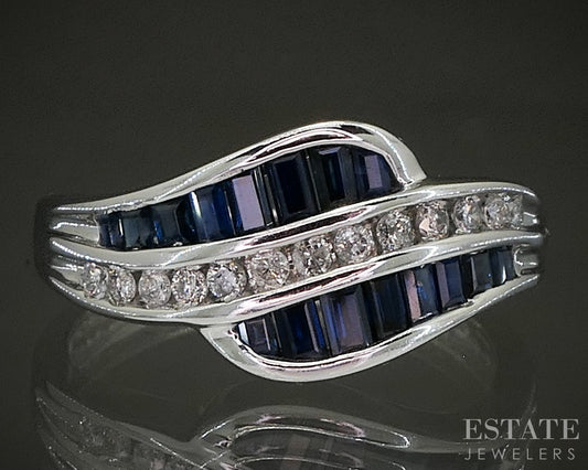 10k White Gold Natural Blue Sapphire & Diamond Ladies Band Ring 2.9g p24901