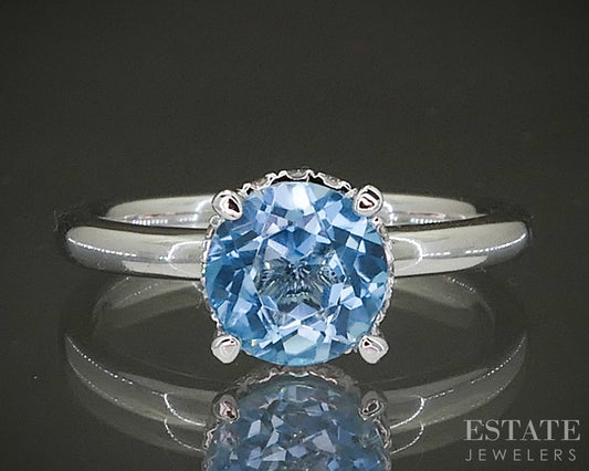 14k White Gold Natural Blue Topaz & Diamond Hidden Halo Ring 3.4g p26400