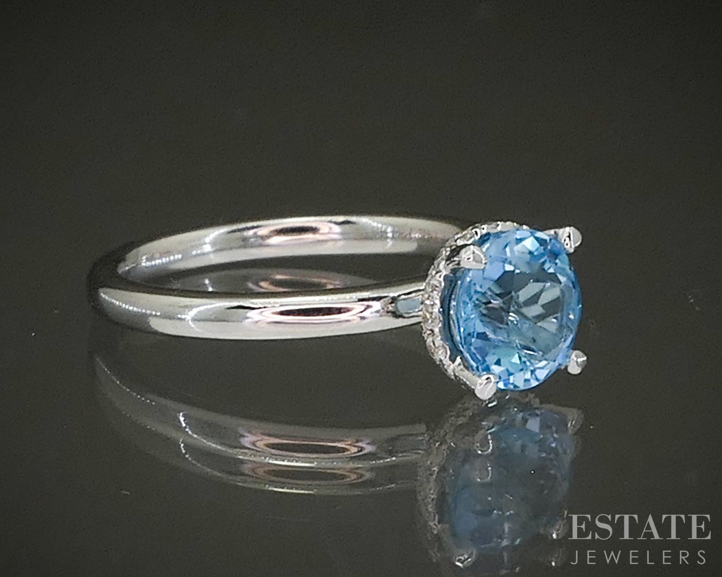 14k White Gold Natural Blue Topaz & Diamond Hidden Halo Ring 3.4g p26400
