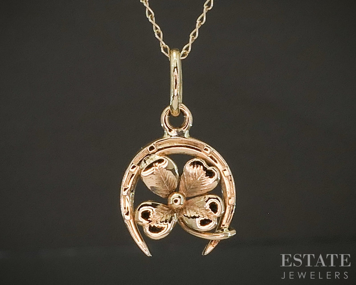 Vintage 14k Yellow Gold 4-Leaf Clover Horseshoe Charm Necklace 1.2g 18"L p24812