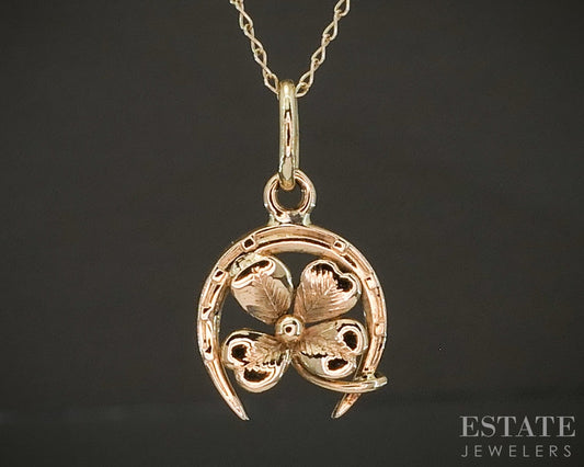 Vintage 14k Yellow Gold 4-Leaf Clover Horseshoe Charm Necklace 1.2g 18"L p24812