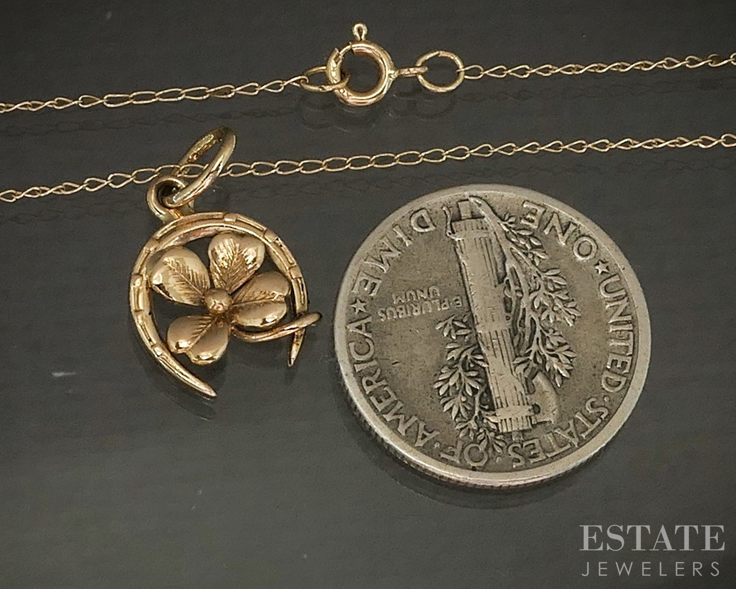 Vintage 14k Yellow Gold 4-Leaf Clover Horseshoe Charm Necklace 1.2g 18"L p24812