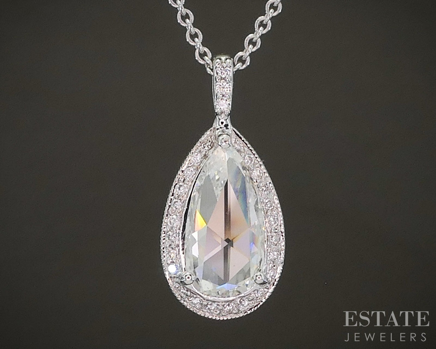 18k White Gold Rose Cut Natural .84ctw Diamond Teardrop Necklace 18"L p26337