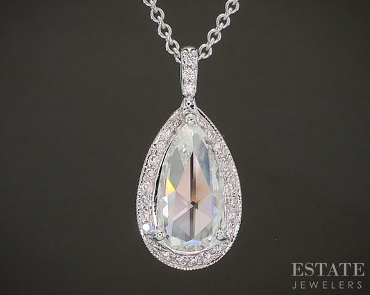 18k White Gold Rose Cut Natural .84ctw Diamond Teardrop Necklace 18"L p26337