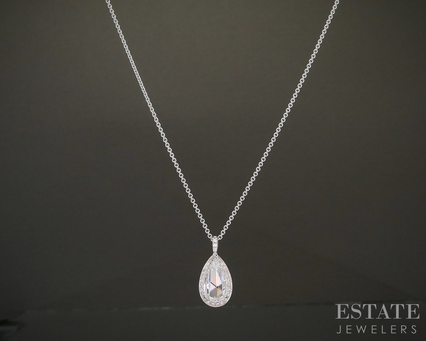 18k White Gold Rose Cut Natural .84ctw Diamond Teardrop Necklace 18"L p26337