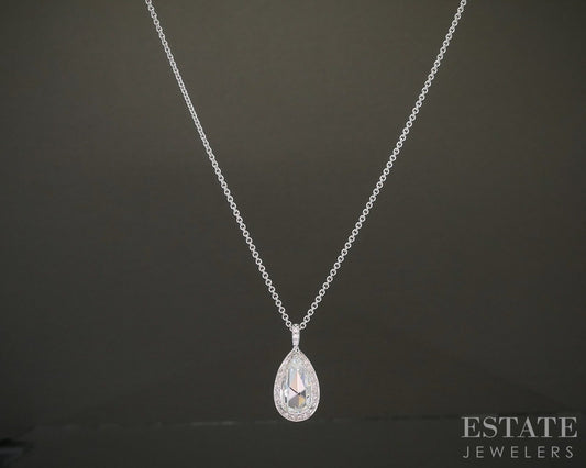 18k White Gold Rose Cut Natural .84ctw Diamond Teardrop Necklace 18"L p26337