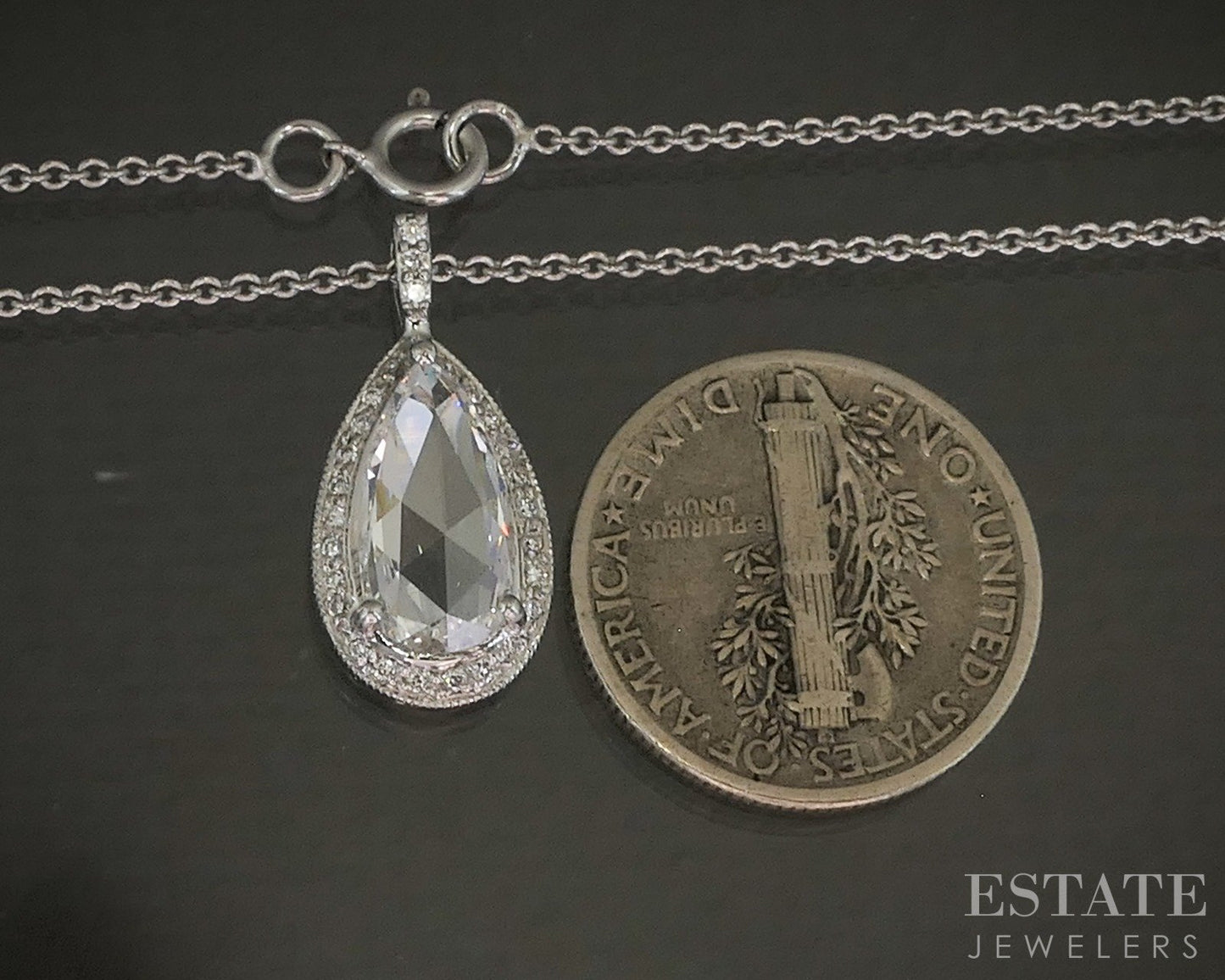 18k White Gold Rose Cut Natural .84ctw Diamond Teardrop Necklace 18"L p26337