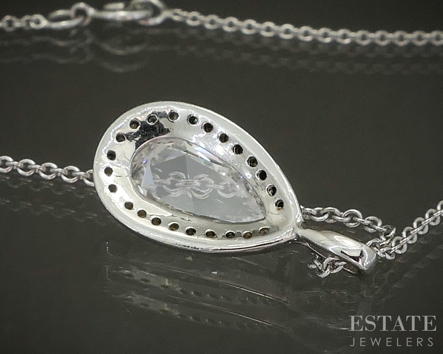 18k White Gold Rose Cut Natural .84ctw Diamond Teardrop Necklace 18"L p26337
