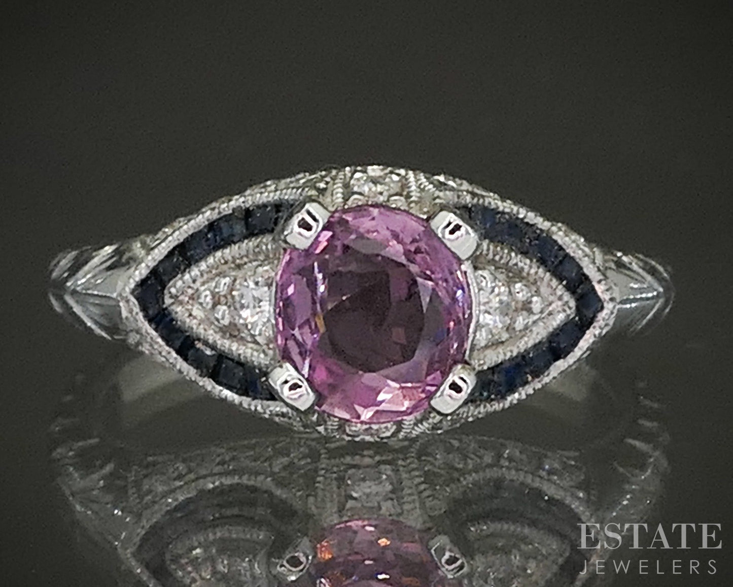 14k White Gold Natural .90ct Pink Spinel Blue Sapphire & Diamond Ring 3g p24333