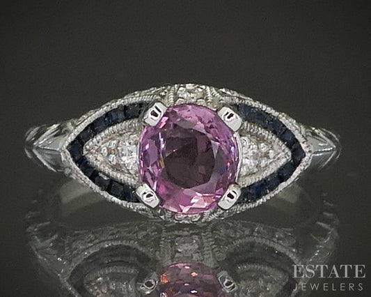 14k White Gold Natural .90ct Pink Spinel Blue Sapphire & Diamond Ring 3g p24333