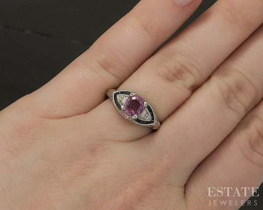 14k White Gold Natural .90ct Pink Spinel Blue Sapphire & Diamond Ring 3g p24333
