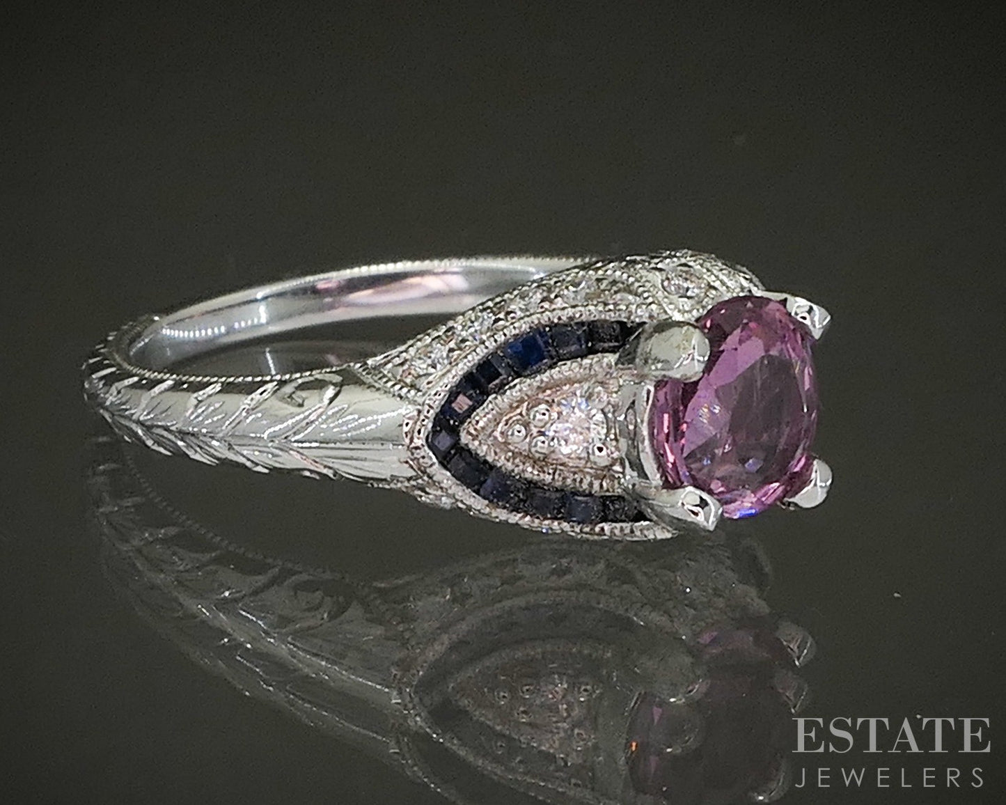 14k White Gold Natural .90ct Pink Spinel Blue Sapphire & Diamond Ring 3g p24333