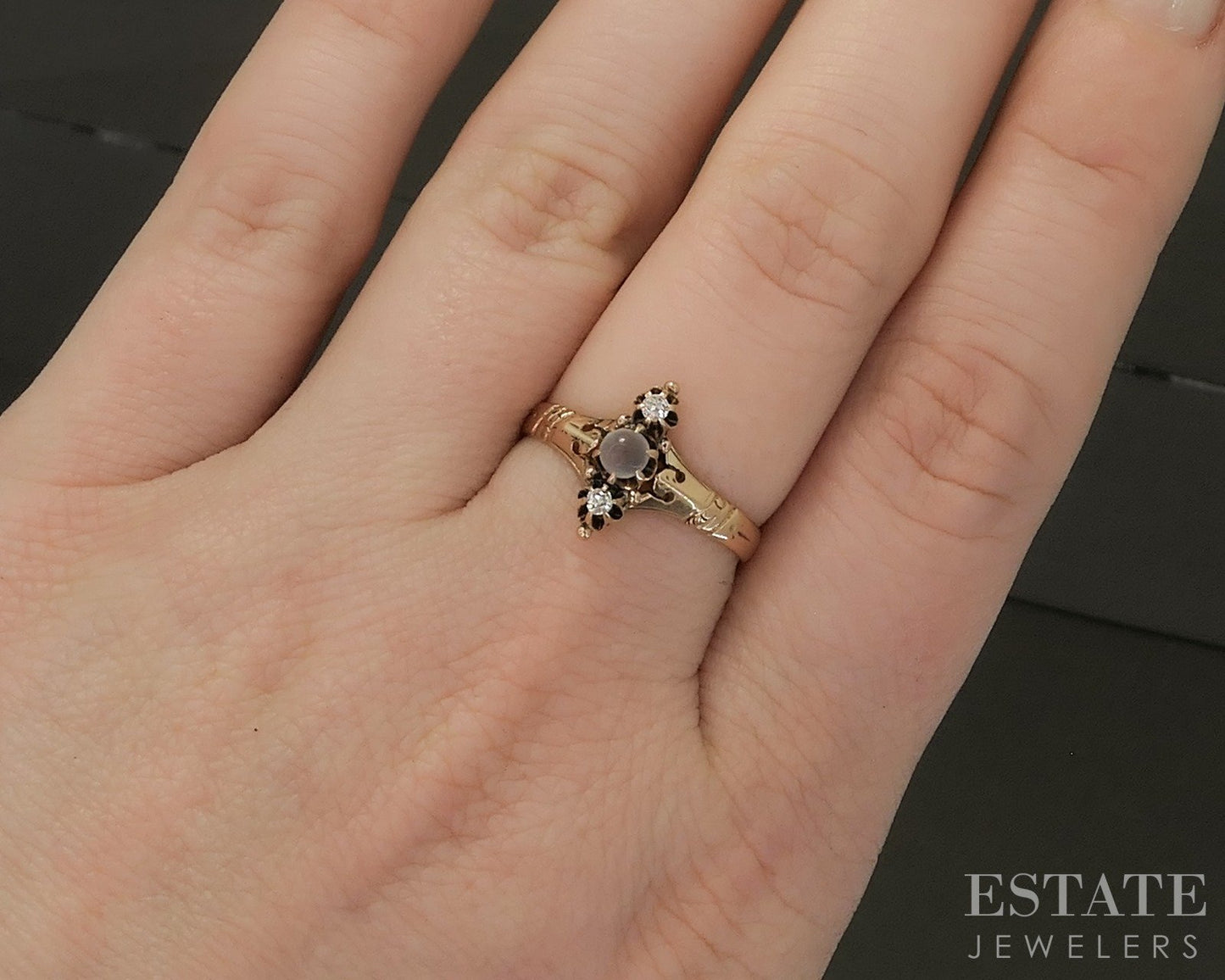 Antique Victorian 10k Yellow Gold Natural Moonstone OMC Diamond Ring 1.9g p23857