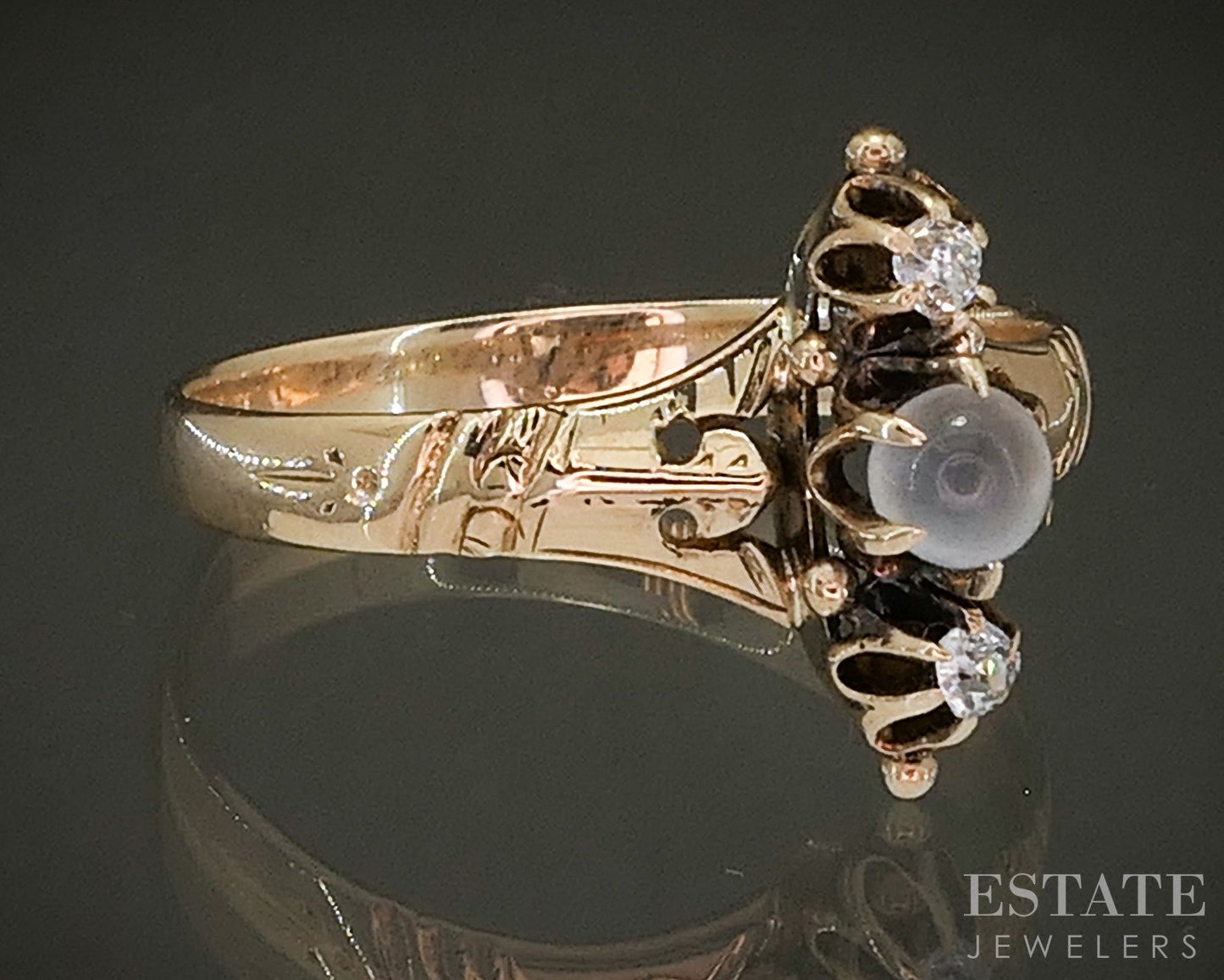 Antique Victorian 10k Yellow Gold Natural Moonstone OMC Diamond Ring 1.9g p23857
