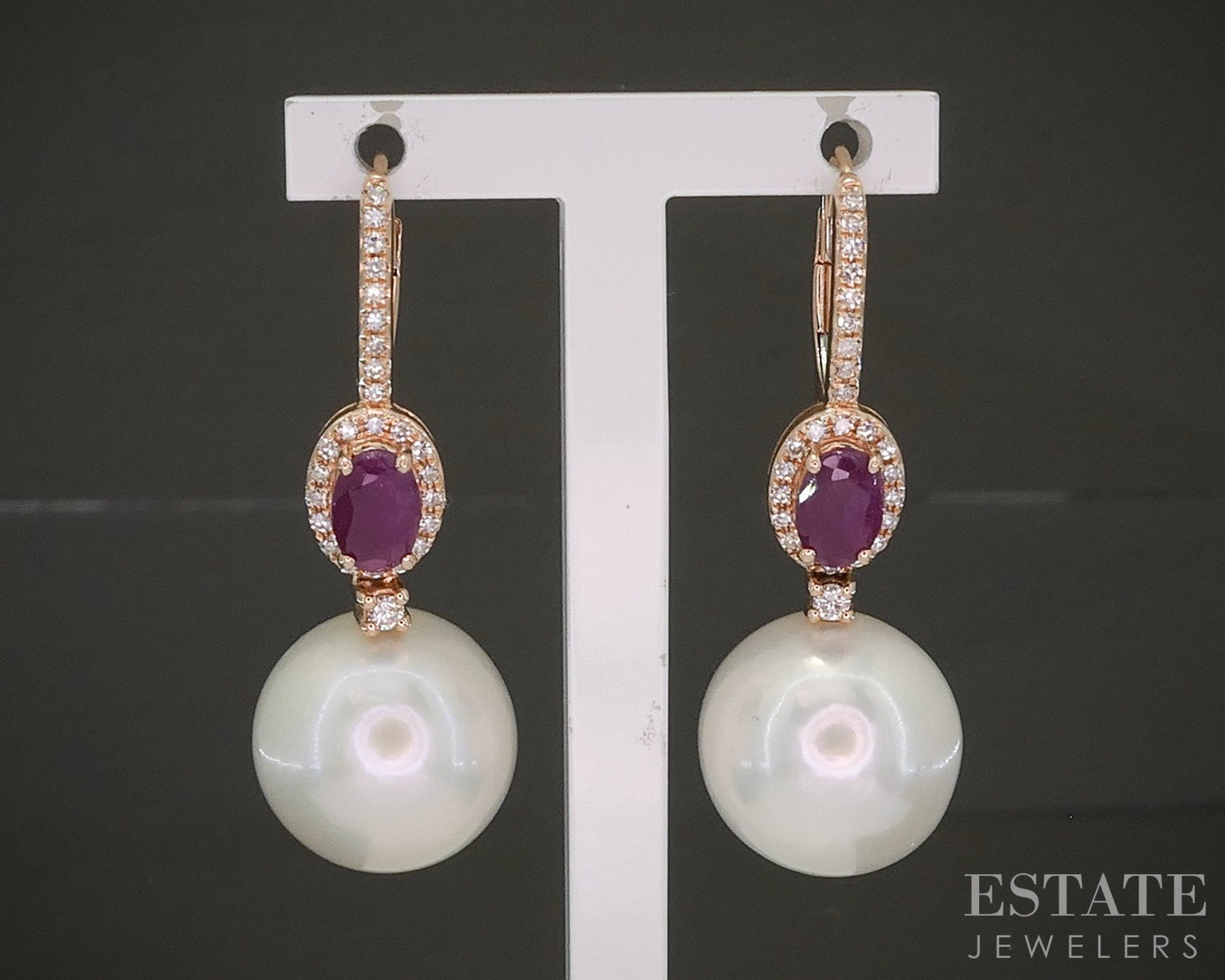 14k Rose Gold 12.6mm South Sea Pearl Ruby Diamond Honora Earrings 8.4g p24428