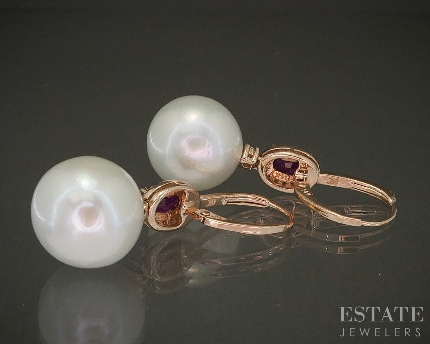 14k Rose Gold 12.6mm South Sea Pearl Ruby Diamond Honora Earrings 8.4g p24428