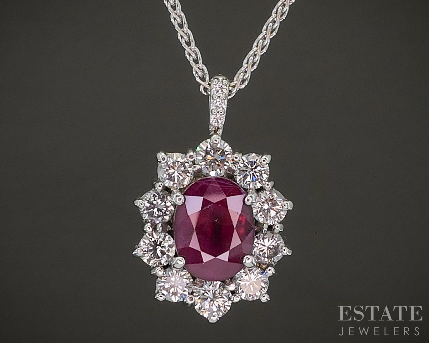 18k White Gold Oval Natural Ruby & Diamond Halo Necklace 6.3g 16"L p21867