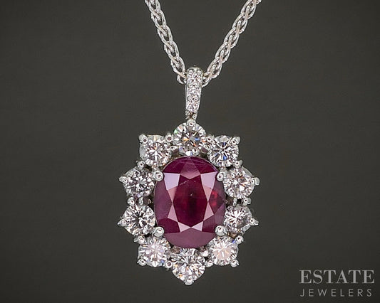 18k White Gold Oval Natural Ruby & Diamond Halo Necklace 6.3g 16"L p21867