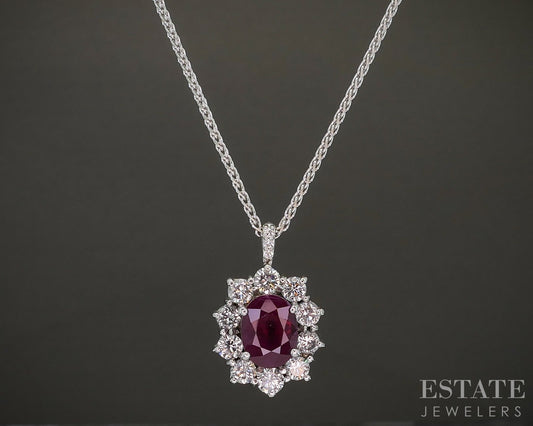 18k White Gold Oval Natural Ruby & Diamond Halo Necklace 6.3g 16"L p21867