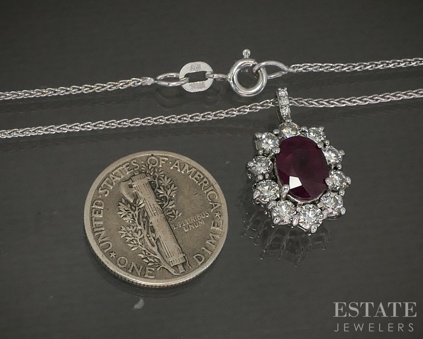18k White Gold Oval Natural Ruby & Diamond Halo Necklace 6.3g 16"L p21867