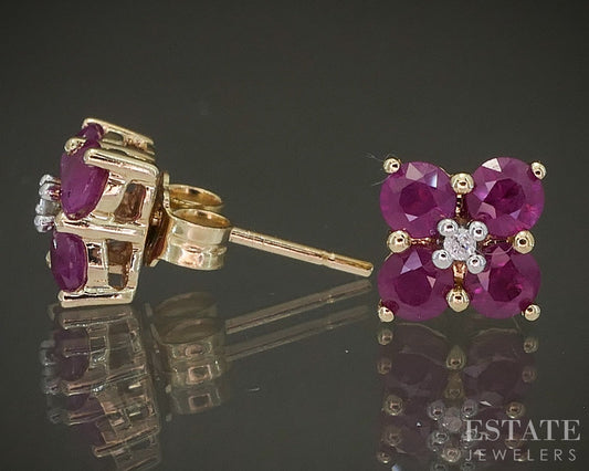14k Yellow Gold Natural Ruby & Diamond Flower Stud Earrings 2.5g p24446