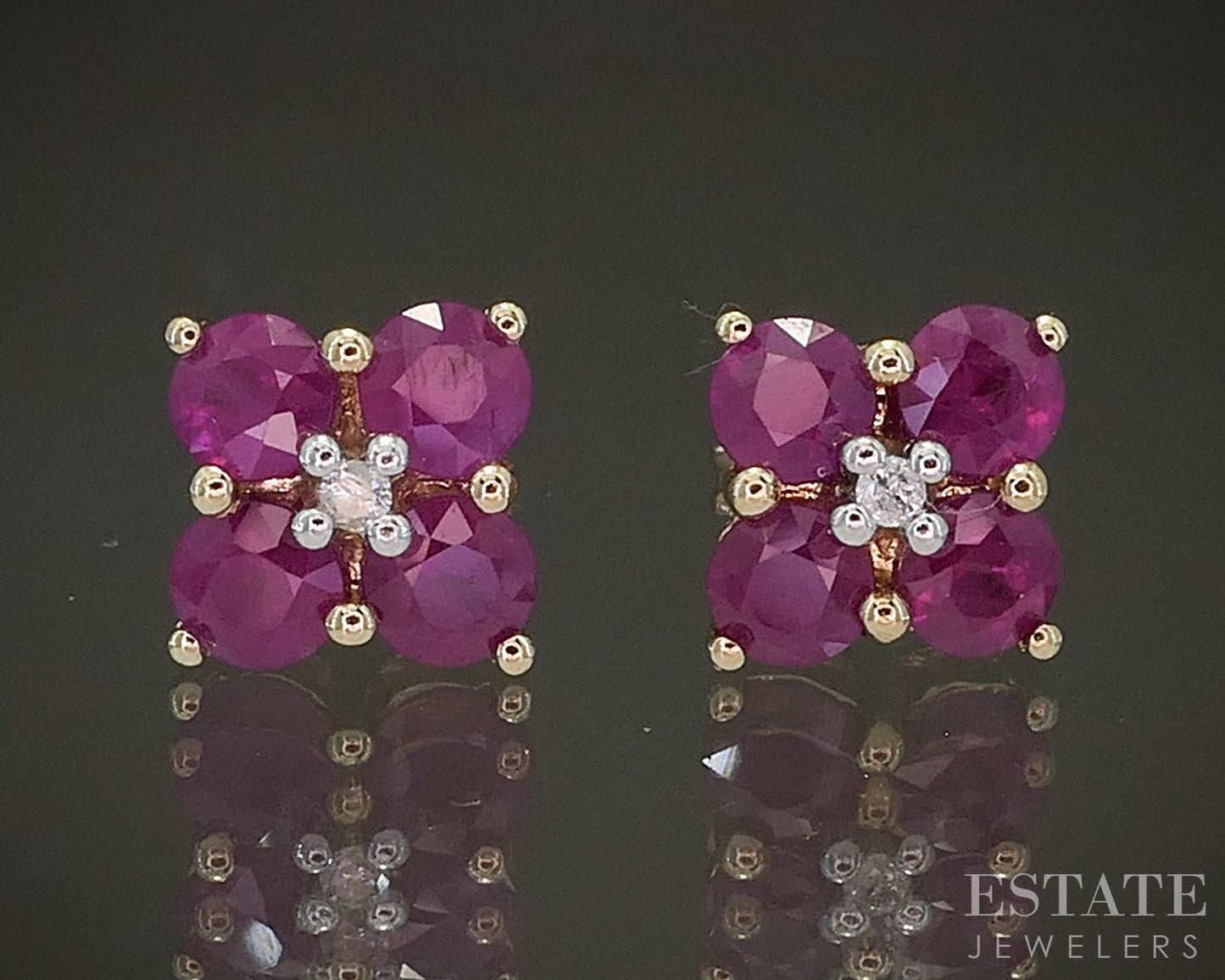 14k Yellow Gold Natural Ruby & Diamond Flower Stud Earrings 2.5g p24446