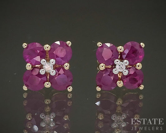 14k Yellow Gold Natural Ruby & Diamond Flower Stud Earrings 2.5g p24446