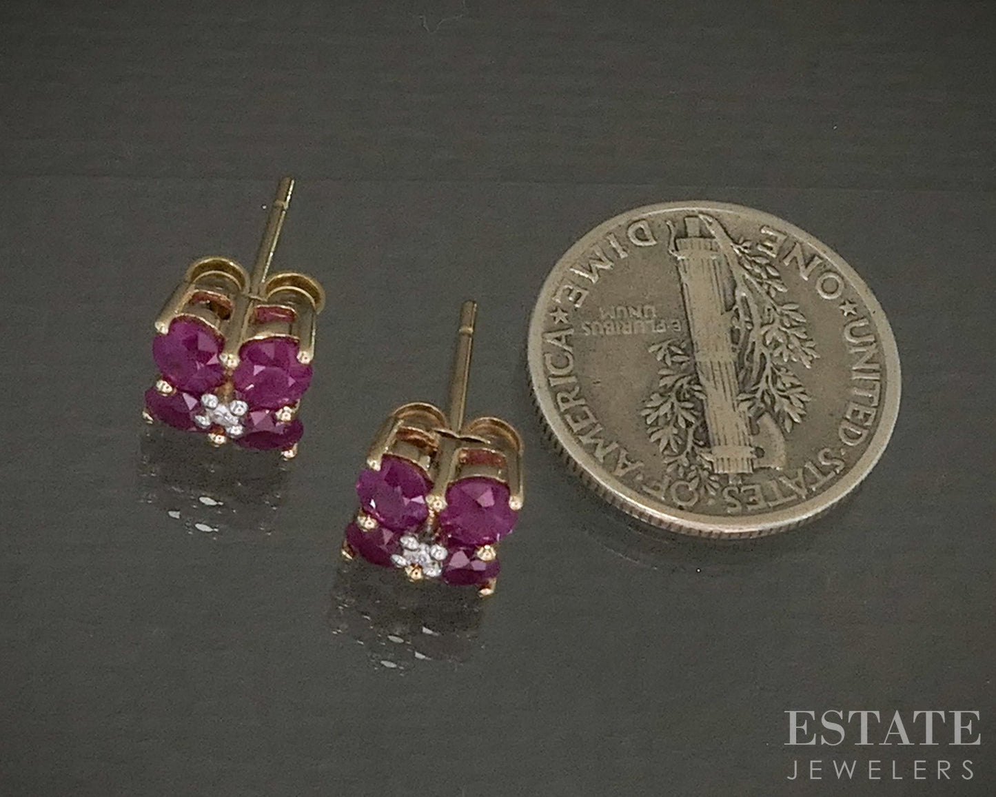 14k Yellow Gold Natural Ruby & Diamond Flower Stud Earrings 2.5g p24446