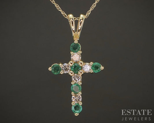 14k Yellow Gold Natural Emerald & Diamond Cross Ladies Necklace 1.9g 18"L p23932