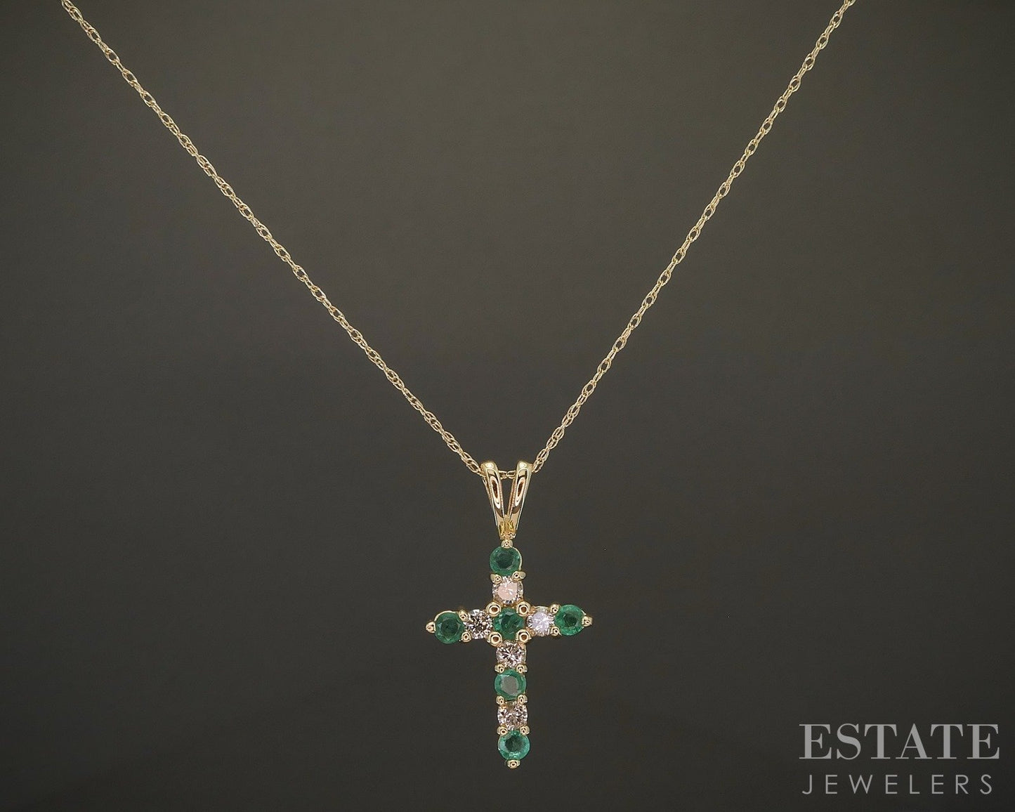 14k Yellow Gold Natural Emerald & Diamond Cross Ladies Necklace 1.9g 18"L p23932