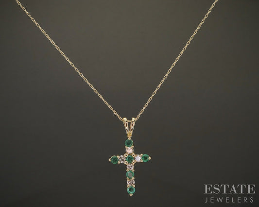 14k Yellow Gold Natural Emerald & Diamond Cross Ladies Necklace 1.9g 18"L p23932