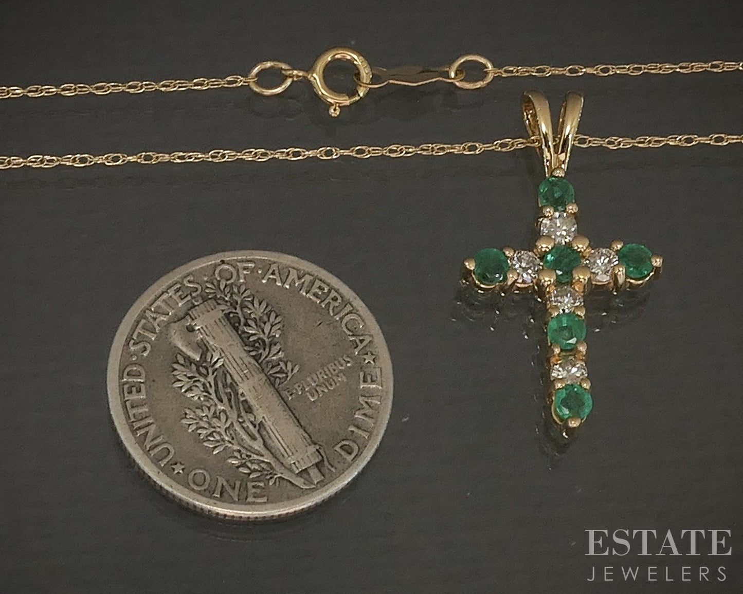 14k Yellow Gold Natural Emerald & Diamond Cross Ladies Necklace 1.9g 18"L p23932