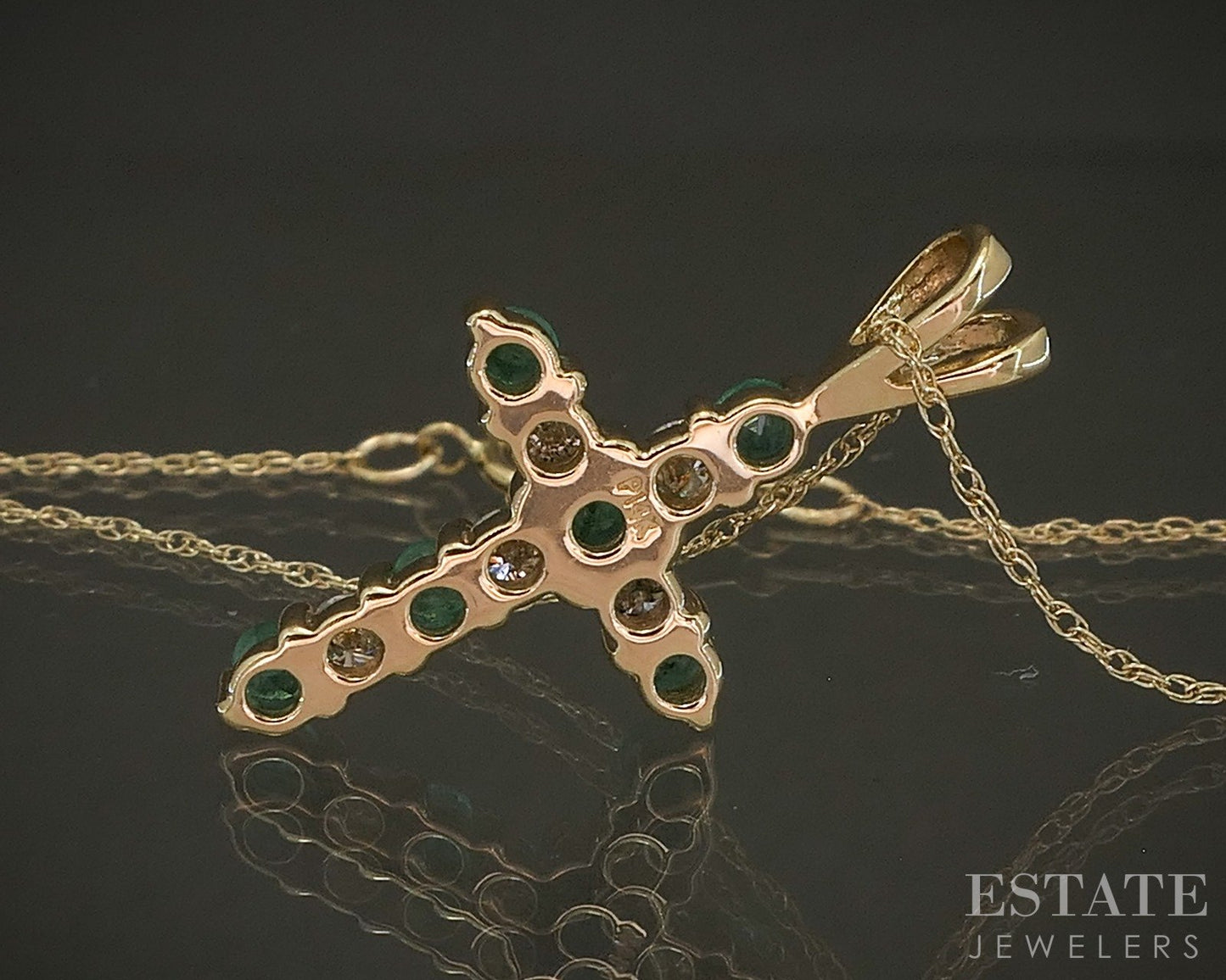 14k Yellow Gold Natural Emerald & Diamond Cross Ladies Necklace 1.9g 18"L p23932