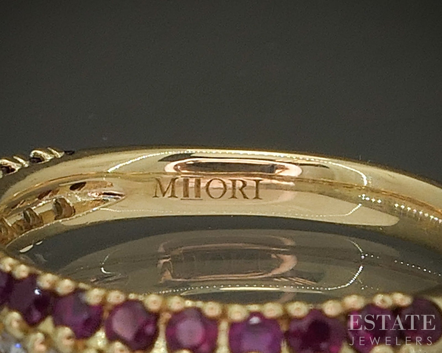 18k Yellow Gold Miiori Natural Ruby & Diamond Flash Band Ring 3.4g p24434