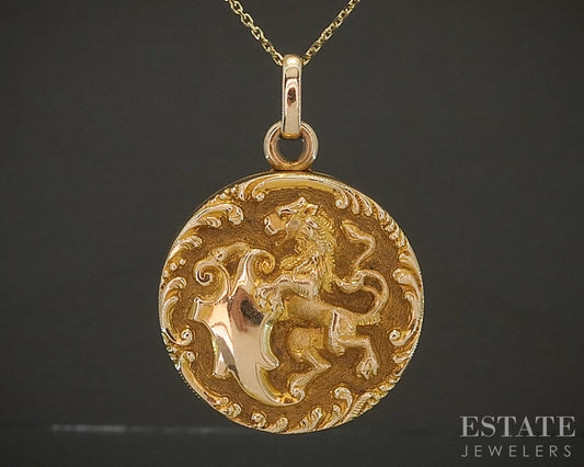 Antique 14k Yellow Gold Dimensional Lion Locket Necklace 9g 20"L p23856
